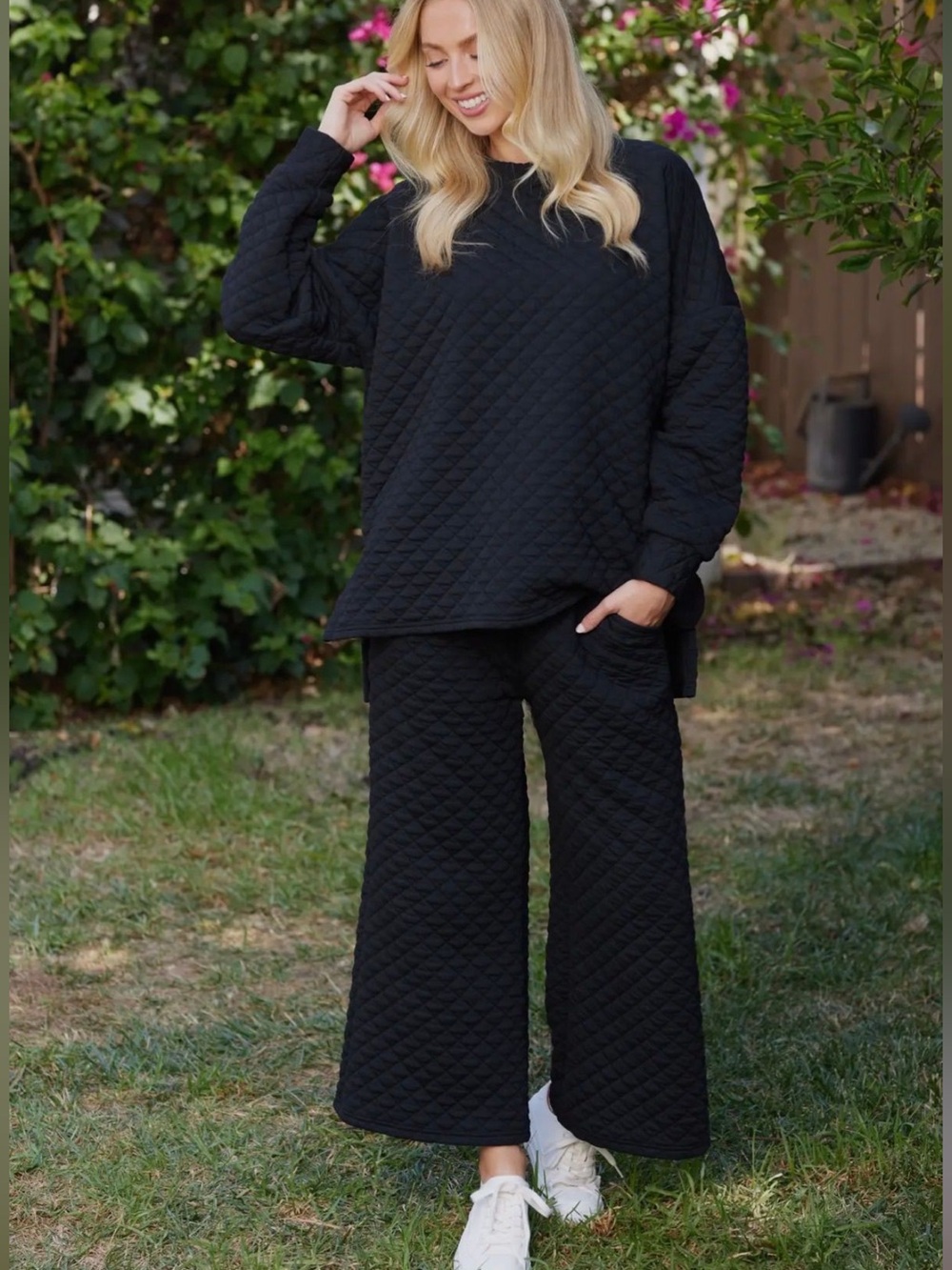Quilted 2-Piece Women’s Wide-Leg Boutique Loungewear Set in Onyx Black NWT